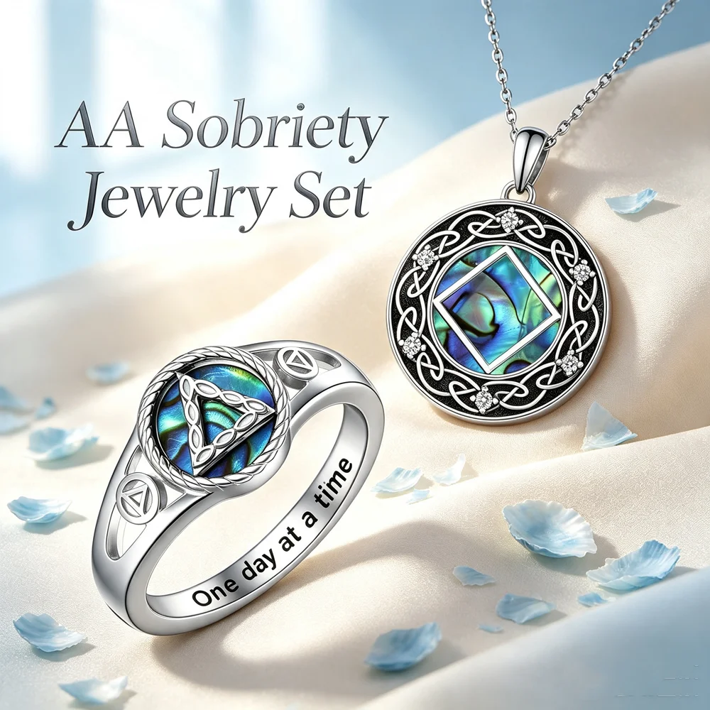 AA Sobriety 2 Pcs Jewelry Set Abalone Shell Celtic Knot Pendant Necklace Triangle Inlaid Ring Alcoholics Anonymous Recovery Gift