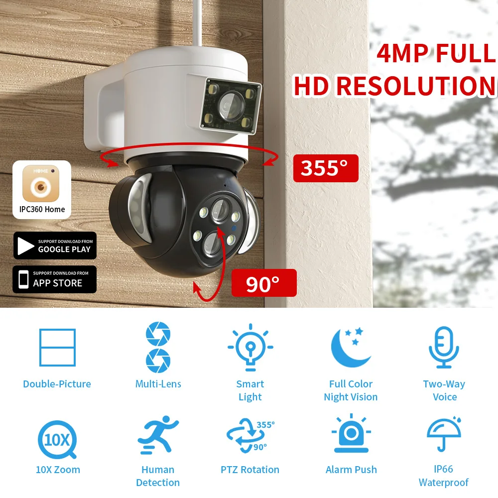 ASZHONGA 2K 10X Zoom Camera 4MP PTZ 2-in-1 WiFi Security Surveillance Linkage Floodlight Auto Tracking Multiple Lens Camera