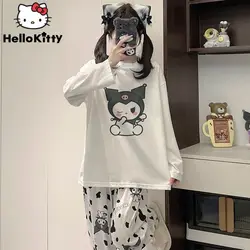 Sanrio Kuromi New Pure Cotton Round Neck Cartoon Sleepwear Cute Sweet Long Sleeve Pajamas Korean Style Loose Casual Home Clothes