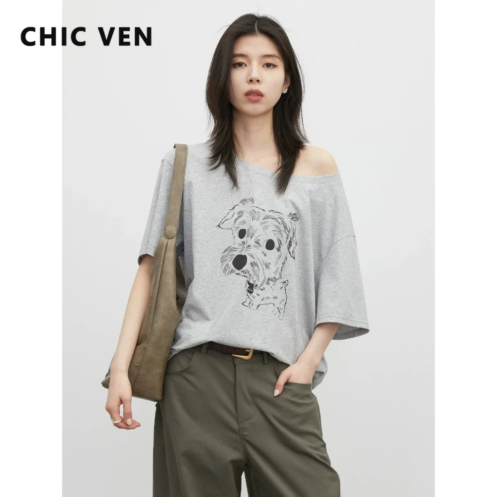 CHIC VEN Women T-Shirts Loose Casual Slanted Shoulder Dog Printed Short Sleeve Tees Off Shoulder Design Female Top Summer 2026