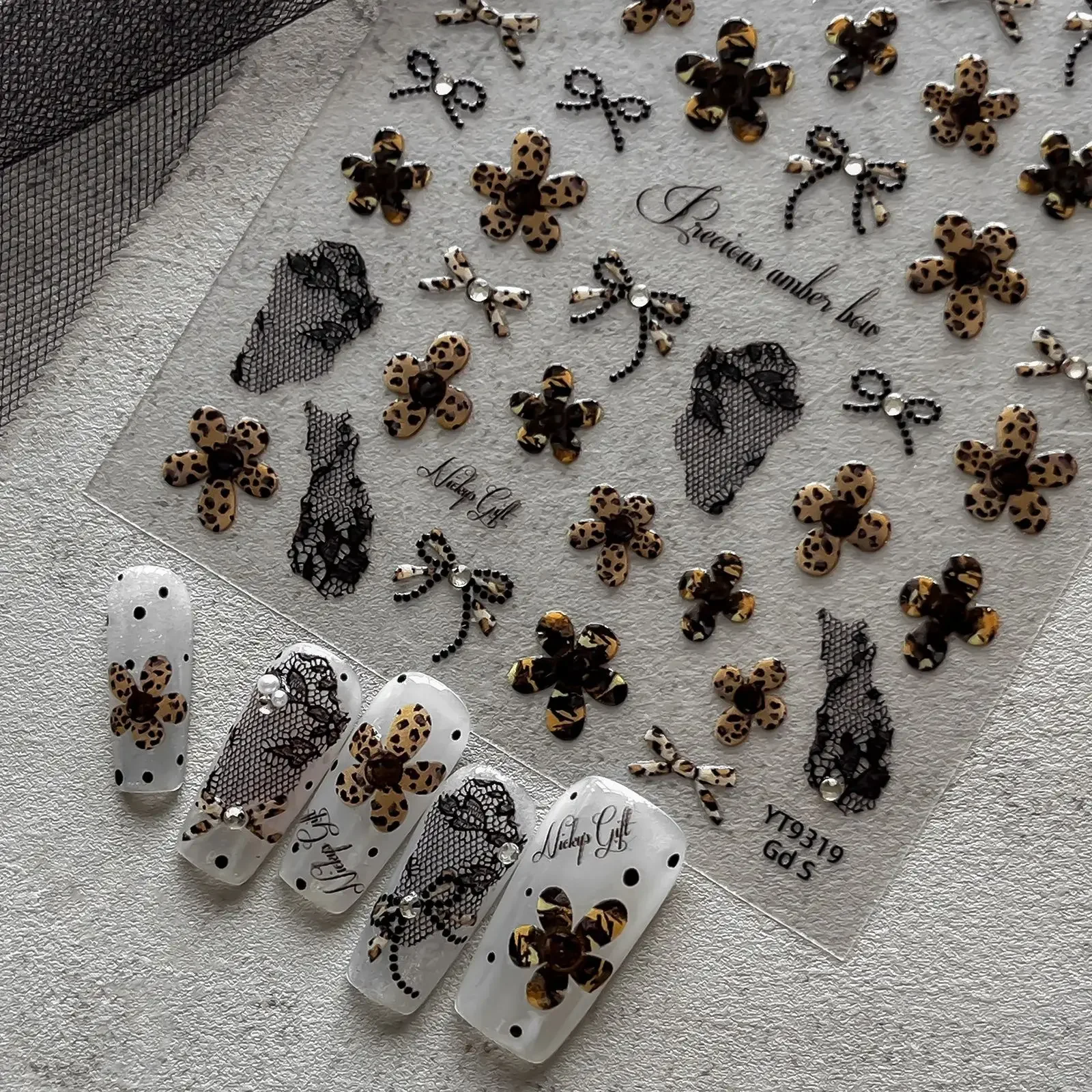 Vintage Leopard Print Five-petaled Flower Bowknot Dot Gauze Lace Floral Rhinestone Adhesive Nail Tip Art Sticker Manicure Decals 6