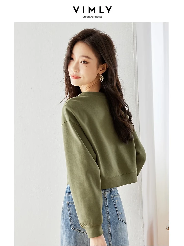 Vimly 2023 Autumm Casual Loose Sweatshirts Women Long Sleeve Crop Tops Round Neck Asymmetrical Hem Pullovers Streetwear M3206