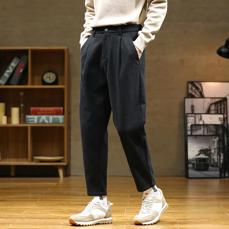 Pop Autumn/Winter Woolen Pants Men Warm Fashion Retro Multicolor Casual Pants Mens Streetwear Loose Korean Straight Trousers Men