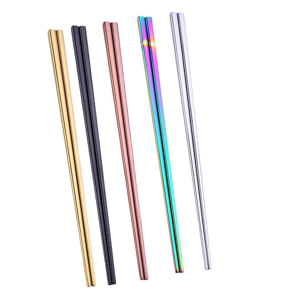 

5 Pairs Stainless Steel Chopsticks Square Kitchen Titanium Plating Metal Reusable