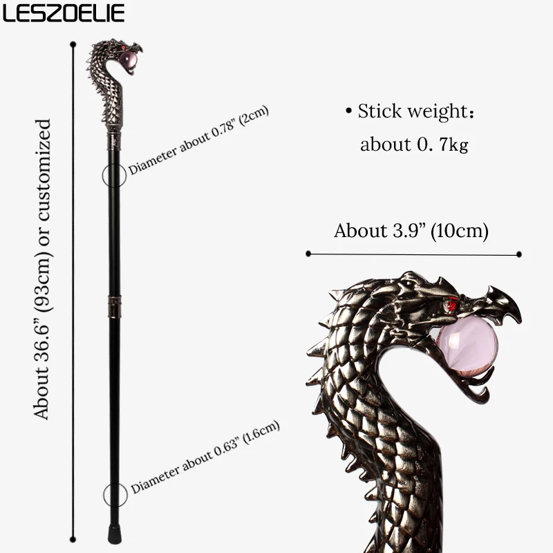 Bastón de dragón de lujo para niñas con bola de cristal rosa claro, bastones de moda para mujeres, bastones decorativos para caminar de Halloween