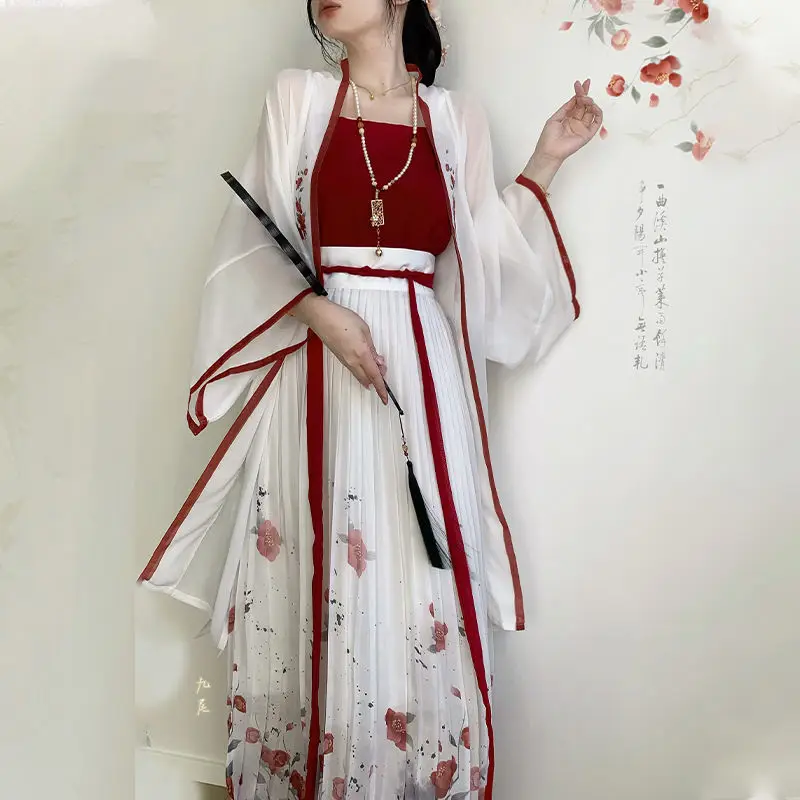 Ensemble de robe Hanfu de style chinois pour femmes, système de chanson féminine, jupe plissée, trempée, robe florale élégante, améliorer le 03, été