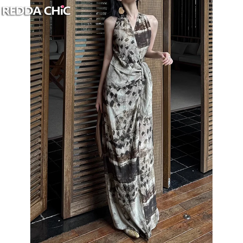 

ReddaChic Летнее платье с эстетическим принтом в стиле пастушки в стиле ретро, бандажное платье с разрезом и v-образным вырезом, длинное платье с графическим принтом, пляжная женская одежда для отдыха