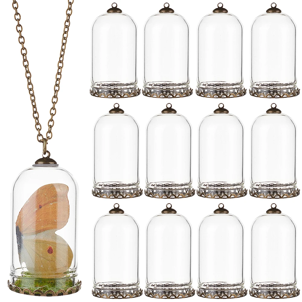 12Sets Clear Tube Glass Pendant with Findings 1.8x1 Inch Hollow Glass Dome Vial Charms with Brass Base for Necklaces DIY Jewelry
