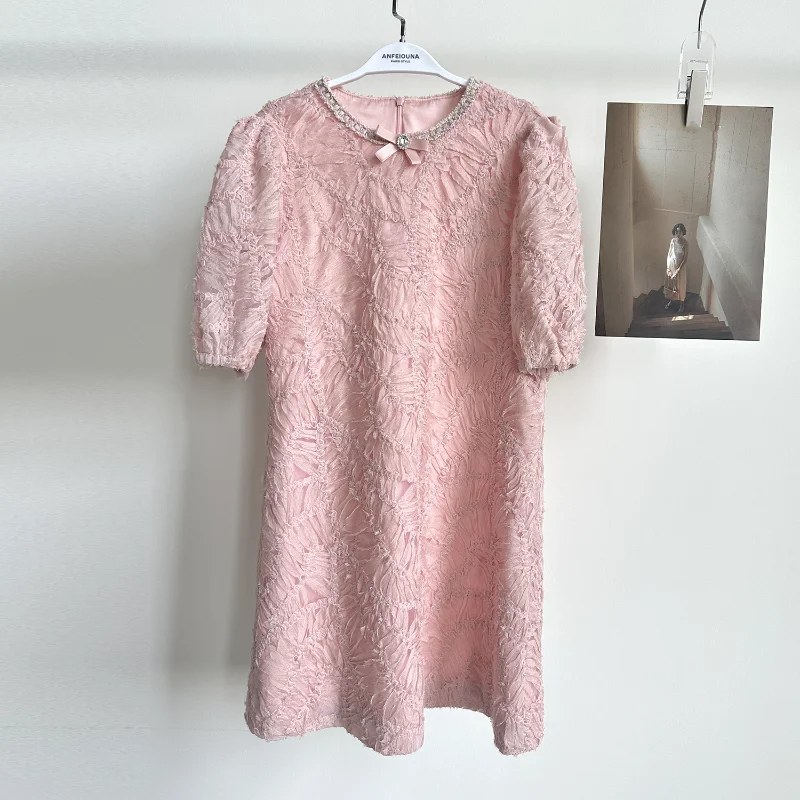 French O Neck Pink 3D Floral Small Fragrance Dress Fashion Sweet Loose Korea Chic Short Sleeve Ladies Mini Dress Summer