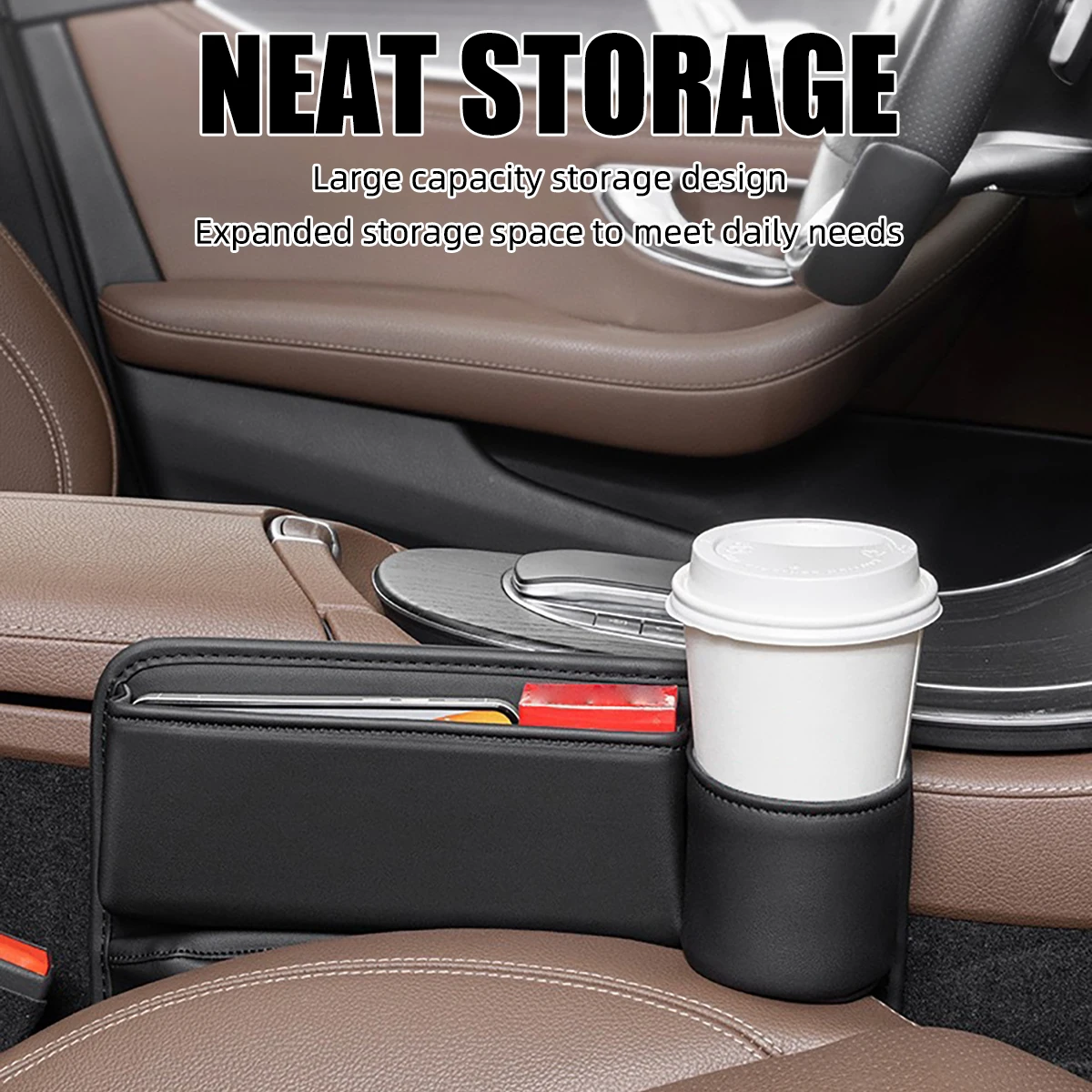 Universal Car Seat Gap Organizer Storage Box Multifunction Leather Crevice Side Storage Pocket Wallet Keys Card with Cup Holder