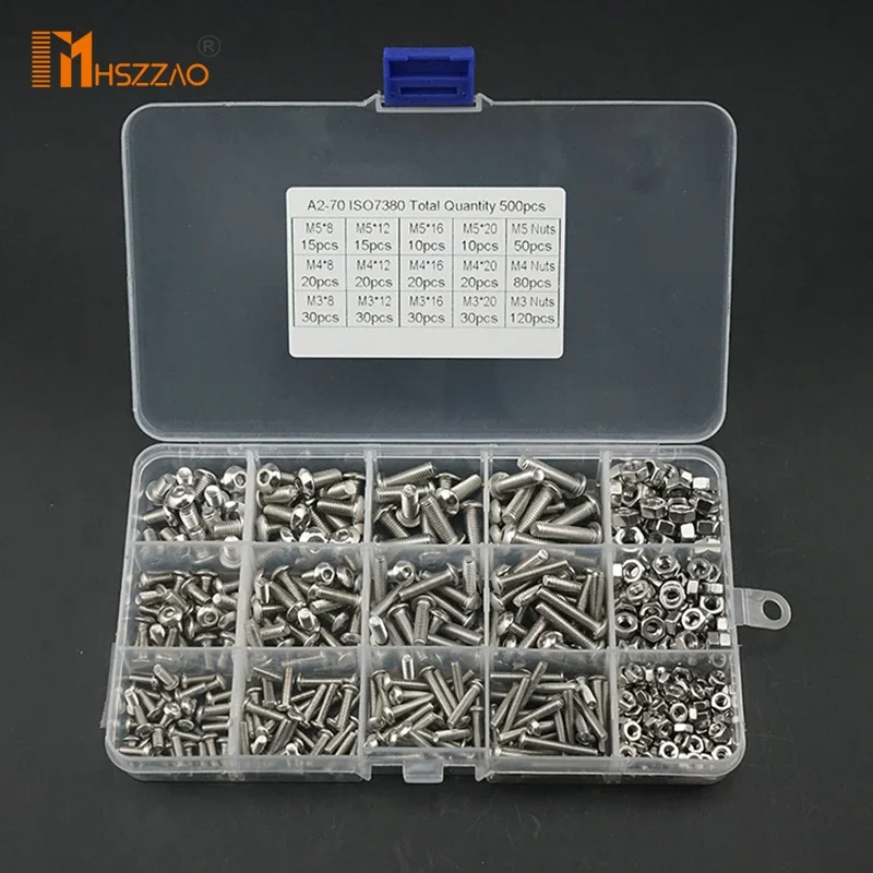 500pcs M3 M4 M5 ISO7380 304 Stainless Steel A2-70 Hex Socket Button Head Cap Toy Screw With Nut Combination Set Box