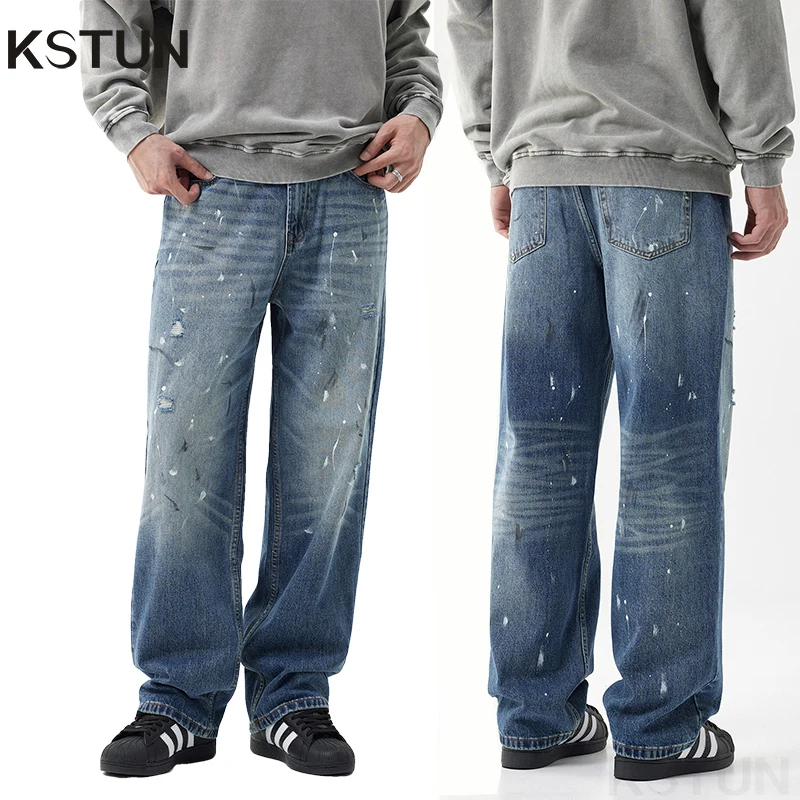 

KSTUN Baggy Pants Men Wide Leg Jeans Loose Fit Dirty Denim Printed Distressed Ripped Hip Hop Jeans Men Vintage Moto Biker Punk