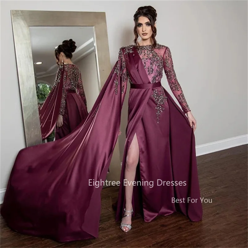 Eightree Vintage Grape Purple Muslim Evening Gowns Shiny Sequins Split Formal Prom Dresses Saudi Arabia Party Dress for Women