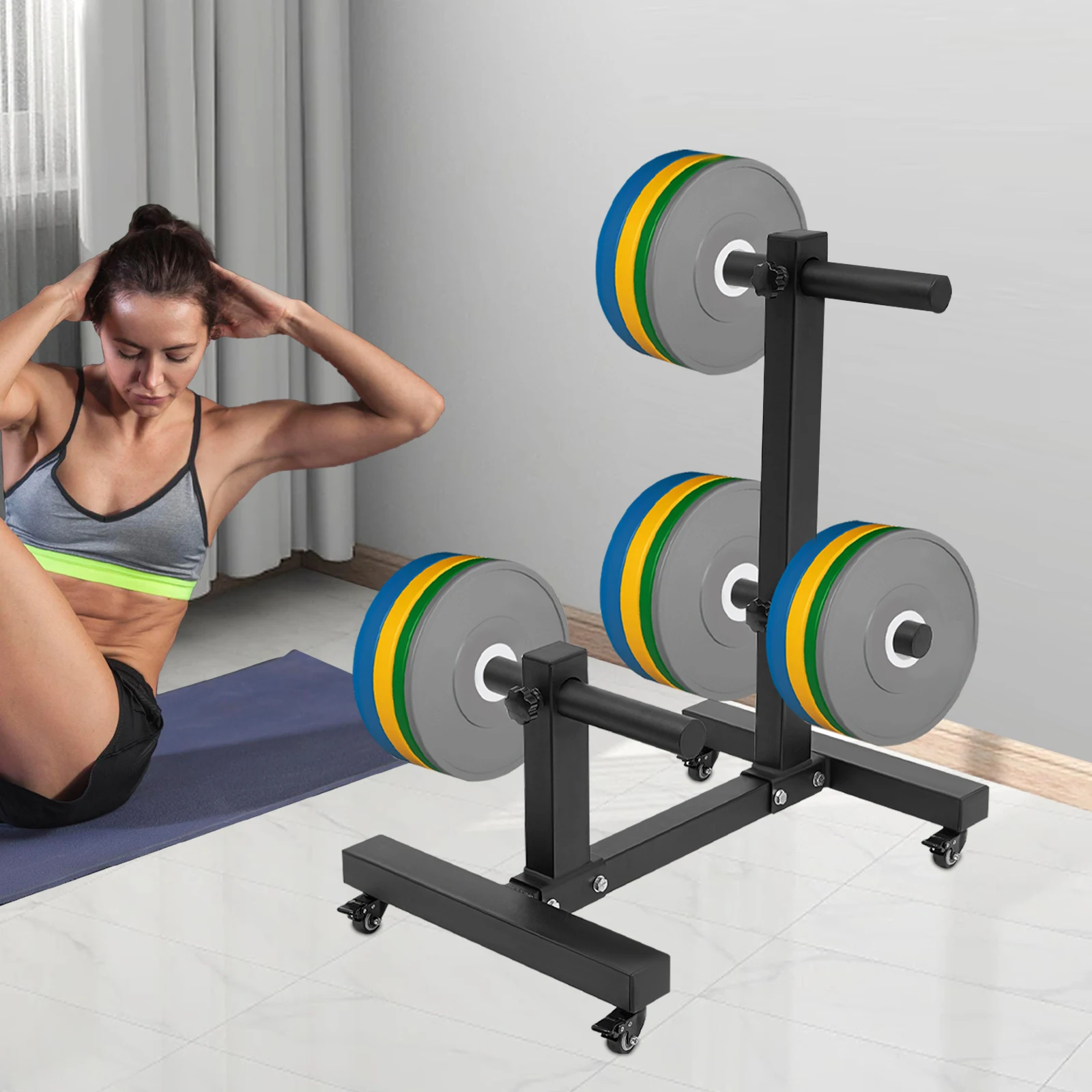 Weight Plate Storage Tree, 500kg/1102.3Lbs Heavy Duty Q235A Steel Plate Rack With 6 Pegs, H Base Weight Plate Holder With Brake Casters For Home Gym Fitness