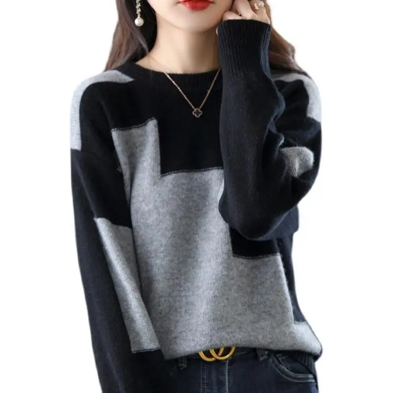 2022 New Autumn Winter Color Blocking Loose Sweaters Women Interior Lapping Classic Office Long Sleeve O-collar Keep Warm Top