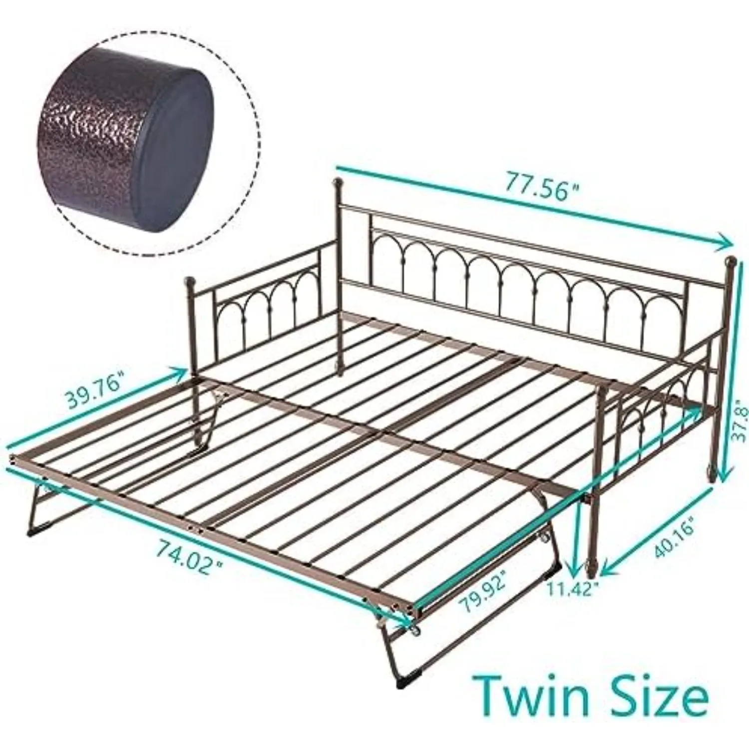 Daybed with Pop Up Trundle, Metal Daybed with Trundle, Twin Day Bed with Lockable Casters, Space-Saving Pop Up Trundle