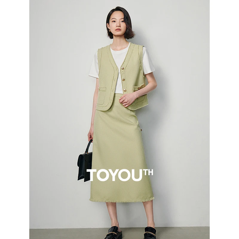 

TOYOUTH Women Two Piece Sets Dress 2024 Spring New Sleeveless Jacket + Midi Skirt Female Office Lady Outfits Tweed Suit