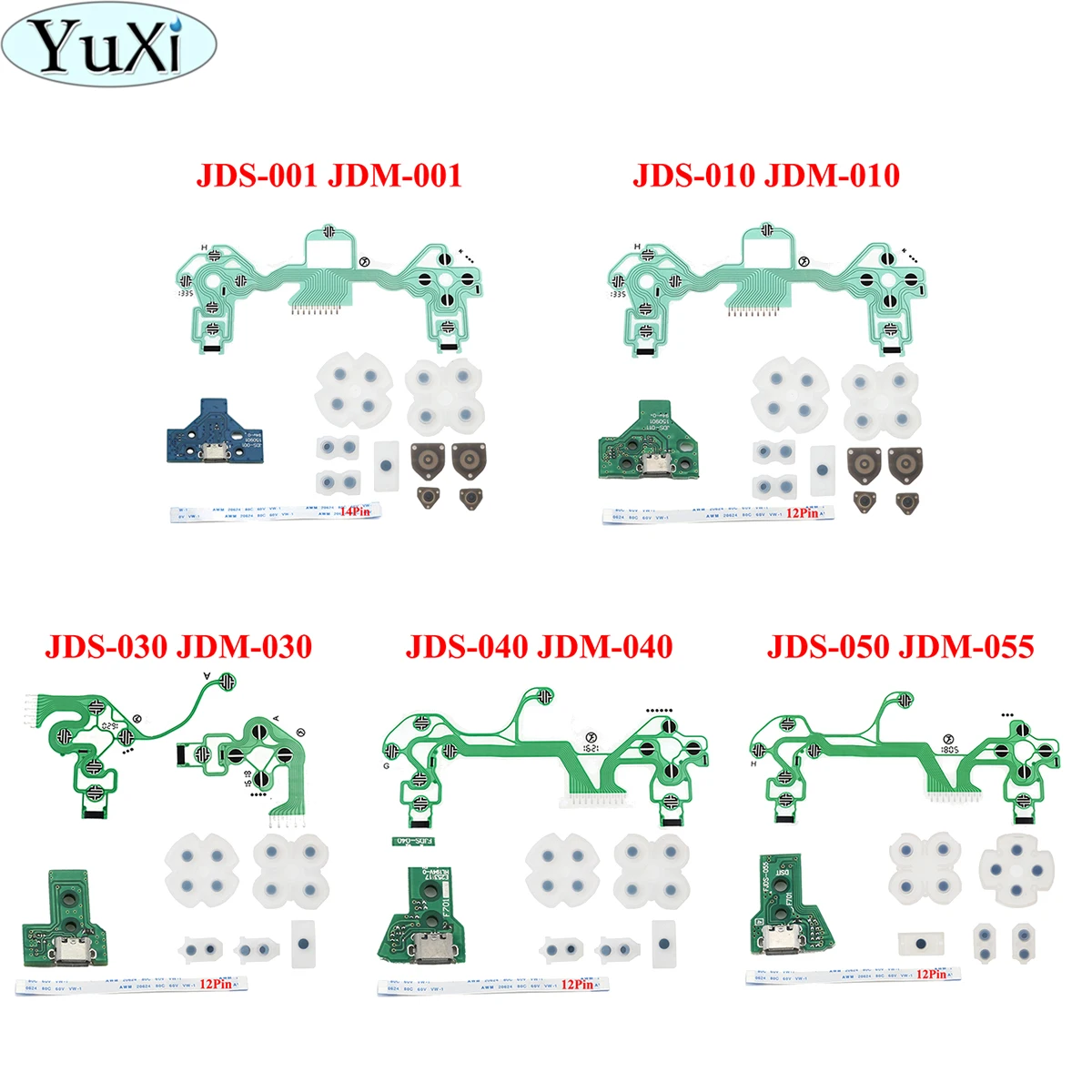 

YuXi USB Charging Port USB Socket Board 12pin Flex ribbon cable Conductive pad For PS4 PRO JDS 055 050 040 030 010 11 Controller