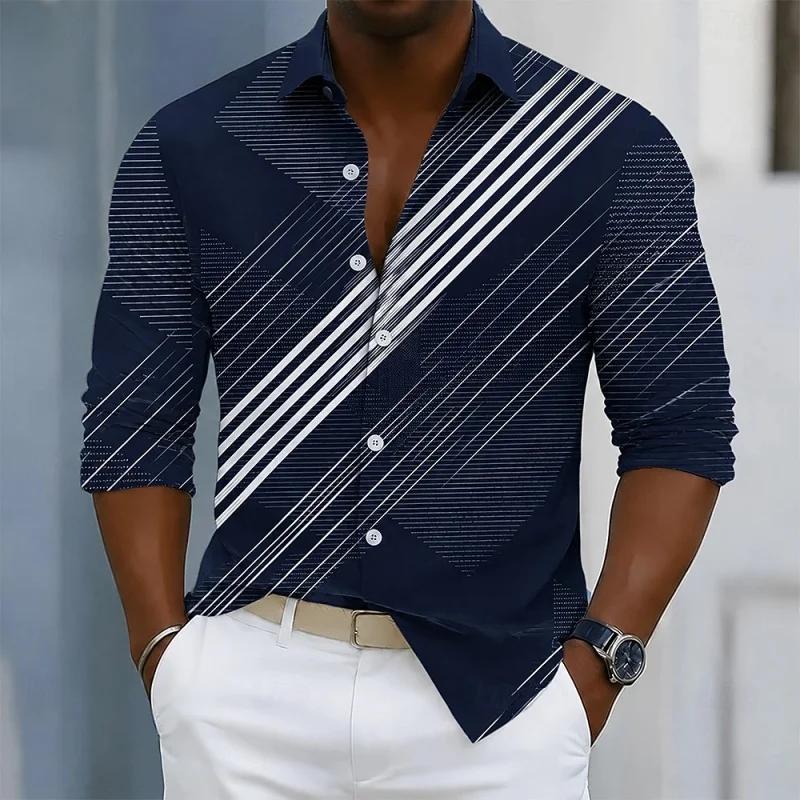 2026 New Men's Shirt Solid Color Diagonal White Line Printed Shirt Flip Collar Cardigan Loose Trendy Casual Men's Shirt XS-6XL
