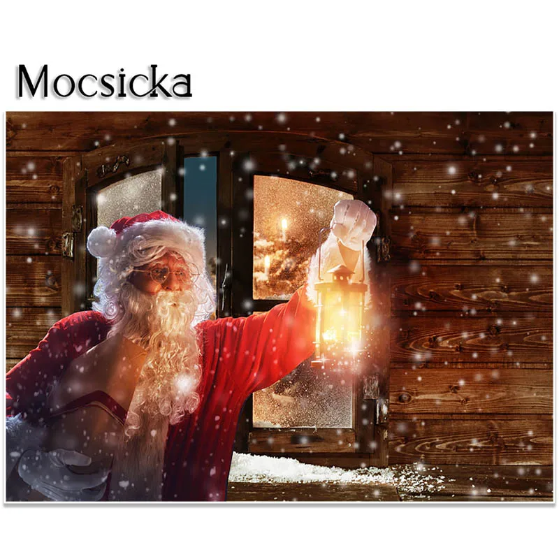 Mocsicka Merry Christmas Background for Portrait Santa Delivering Gifts Backdrop Vintage Wood Window Studio Decors Props