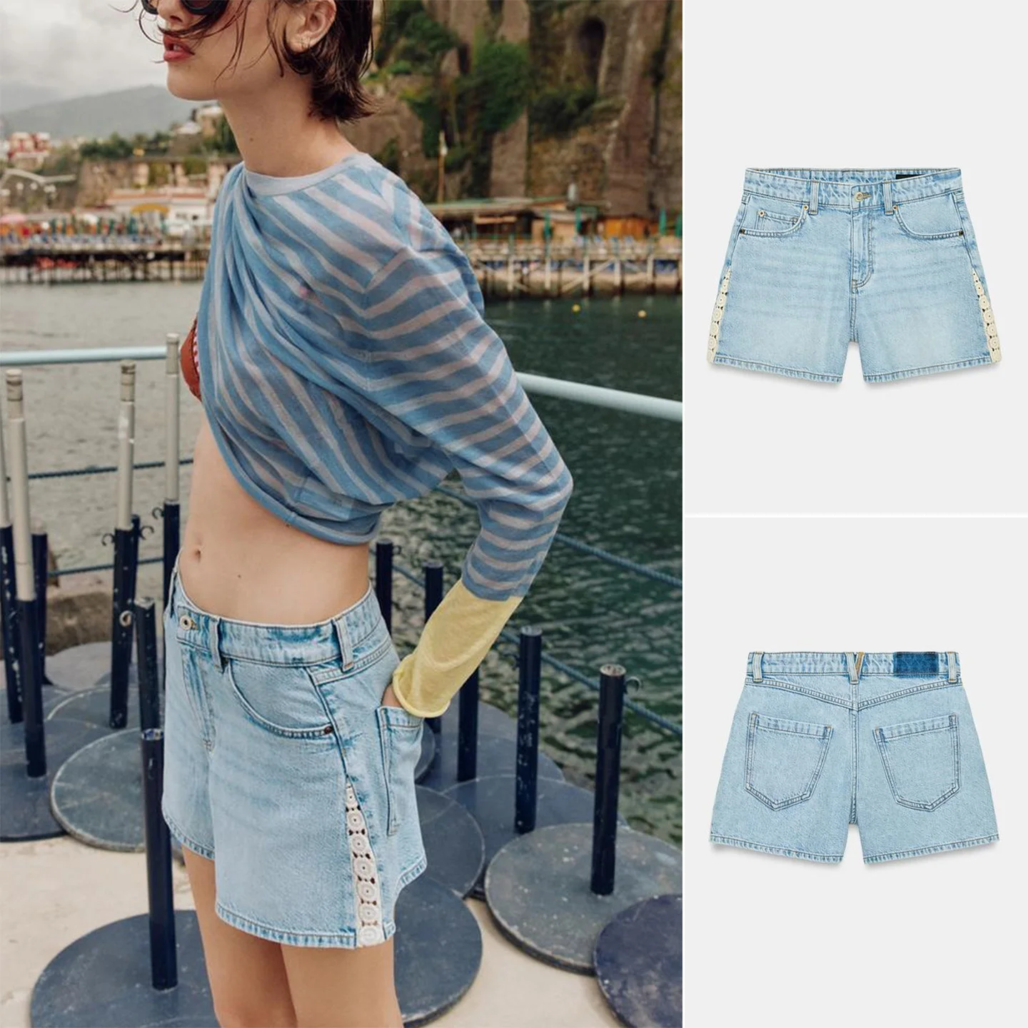 

Summer New Women's Casual Style Metal Button Zipper mid Waist Patchwork Denim Shorts Straight Leg Natural Waist Polyester Fiber