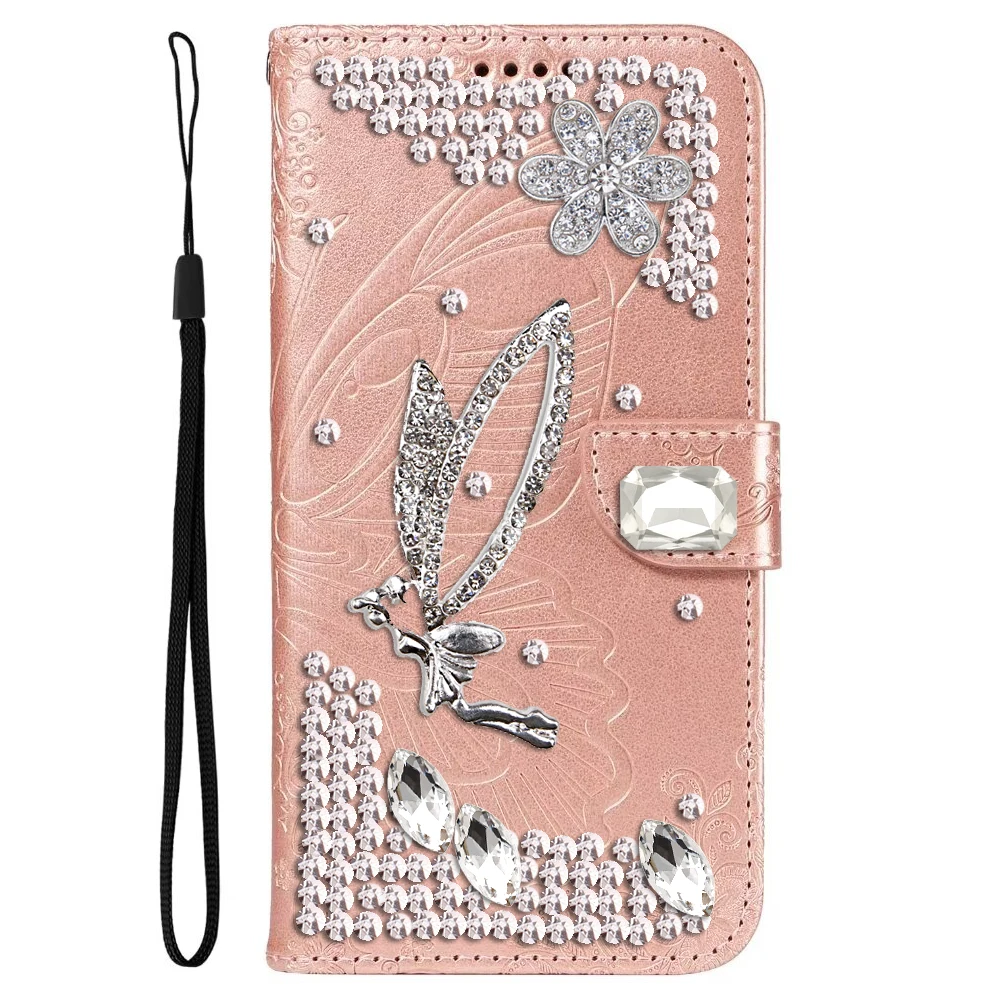 Butterfly Angel Leather Phone Case for iPhone 16 15 14 13 12 11 Pro Max Plus Magnetic Flip Wallet Coque Bling Rhinestone Cover