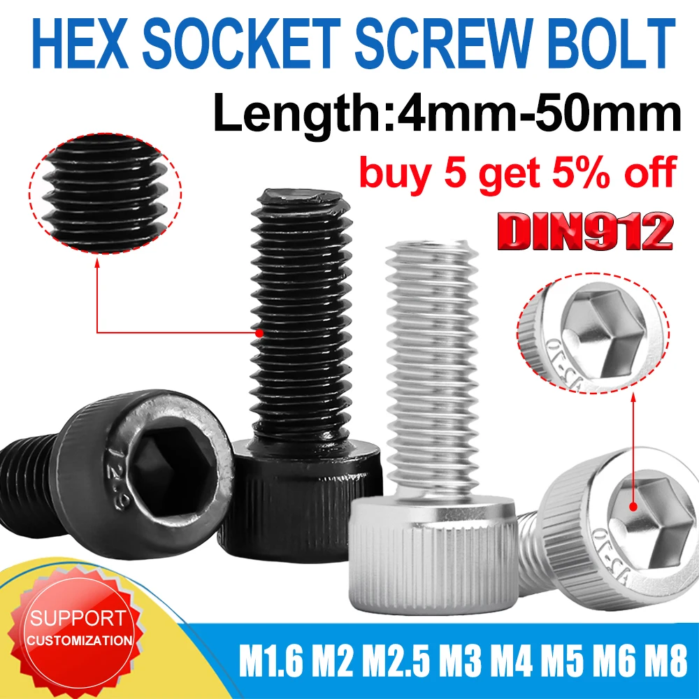 

DIN912 Black 12.9 Grade Hex Socket Head Cap Allen Screw M1.6M2M2.5M3M4M5M6M8 A2 304 Allen Stainless Steel Hexagon Bolt 5-55pcs