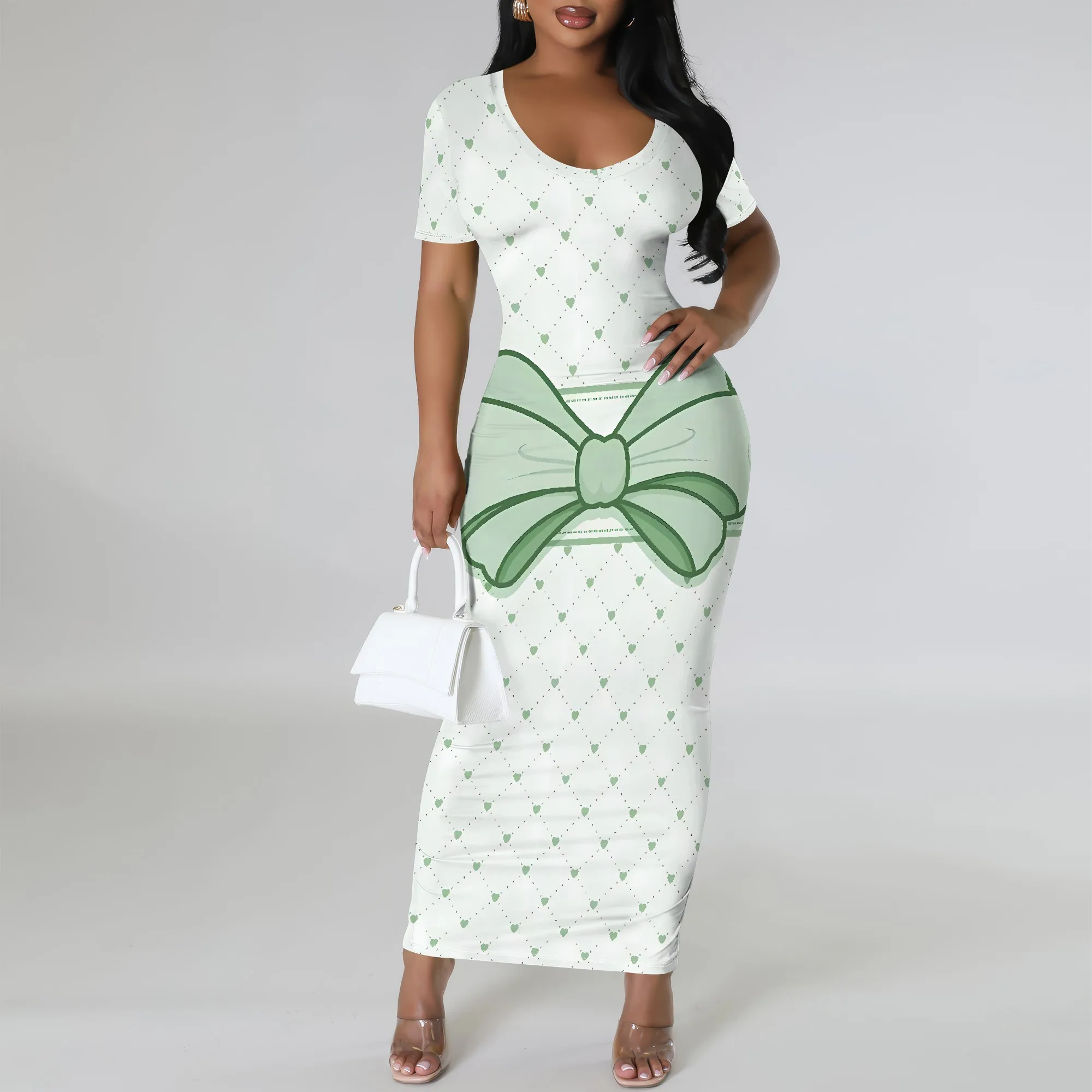

Nupusa White Green Dot Bow Print Dress for Women Regular Size Casual Round Neck Short Sleeve Bodycon Maxi Dress