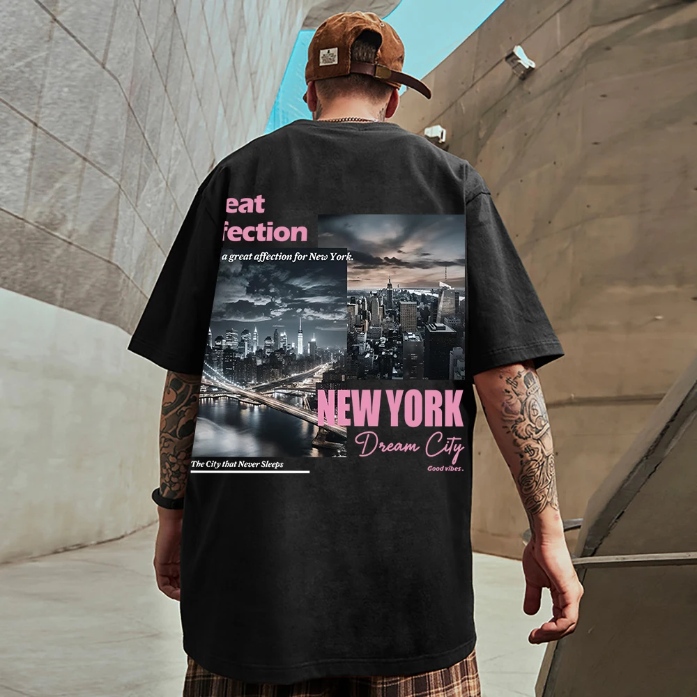 Great Affection Newyork Print Men Tshirt Senior Hip Hop Tees Loose Fitting Fashion T-Shirts Cotton Breathable Short Sleeved