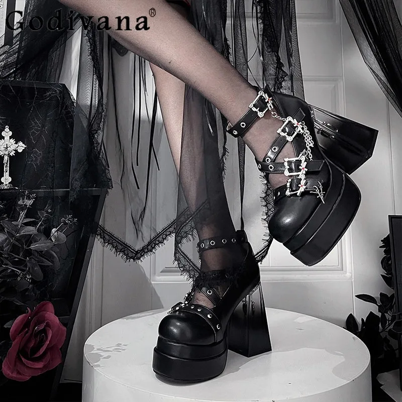 

Female Original Black High Heel Pumps Gothic Style High Heel Lo Shoes Japanese Subculture Punk Single Shoes for Women