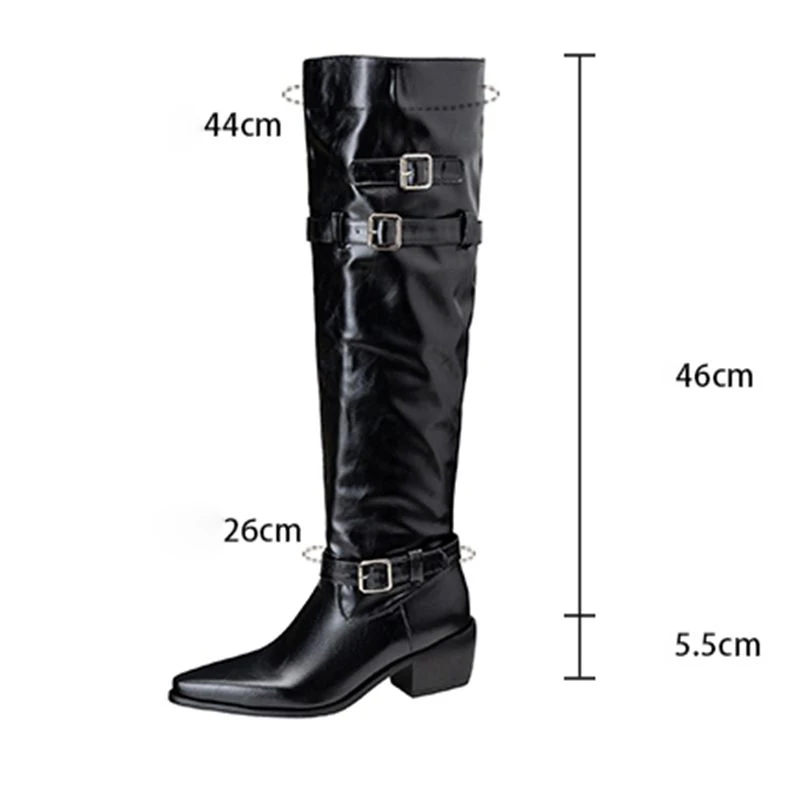 ORCHA LISA Fashion New Pattern Women's Knee High Boots Pointed Toe 5.5cm Block Heel Slip On Belt Buckle Large Size 46-48 Riding