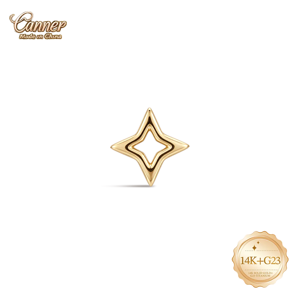 CANNER 14K Solid Gold Hollow Star Piercing Stud Minimalist Tiny Four Point Star Earring Hypoallergenic For Women Jewelry Gift
