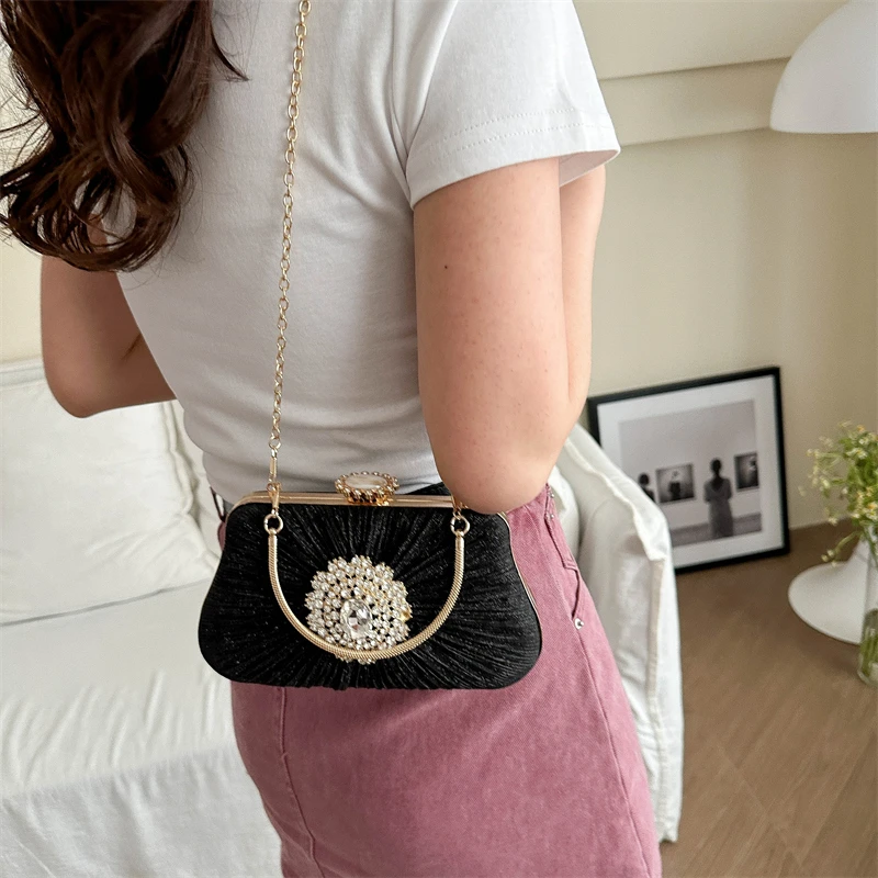 Small Cute PU Leather Shoulder Bag Chain Handbags Designer Women 2024 Korean Fashion Party Diamond Design Gold Crossbody Bag