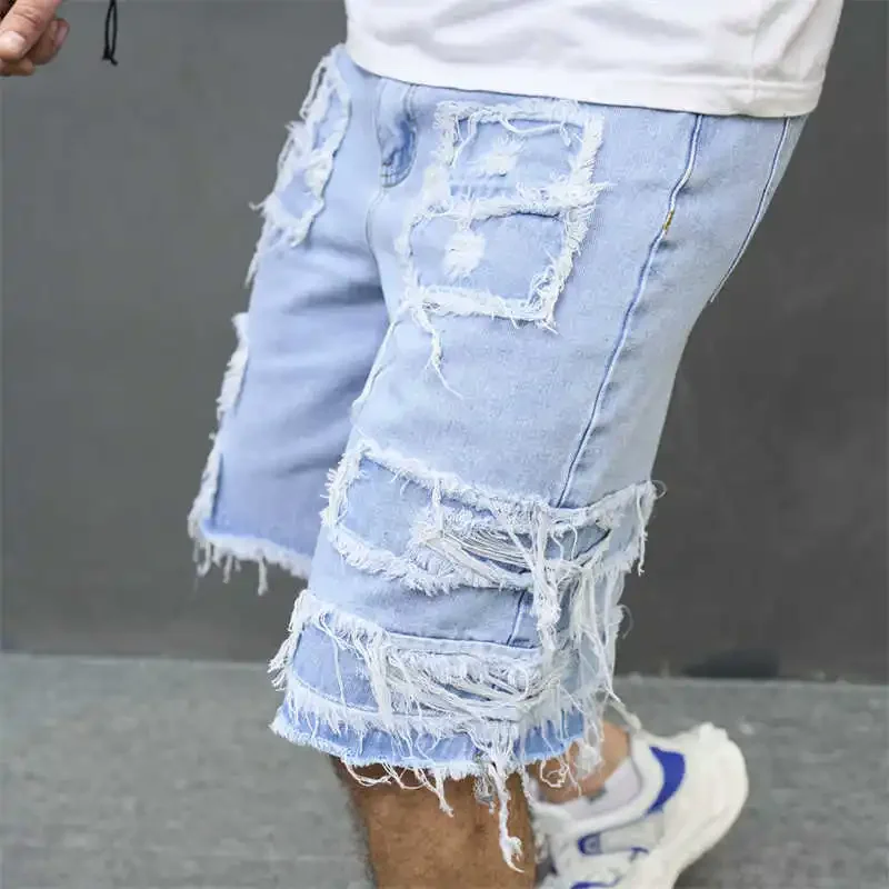 High-Streets Summer Ripped Jeans Denim Shorts for Men with Distressed Cat Whiskers Hip Hop Short Pants Men's Pants Streetwear