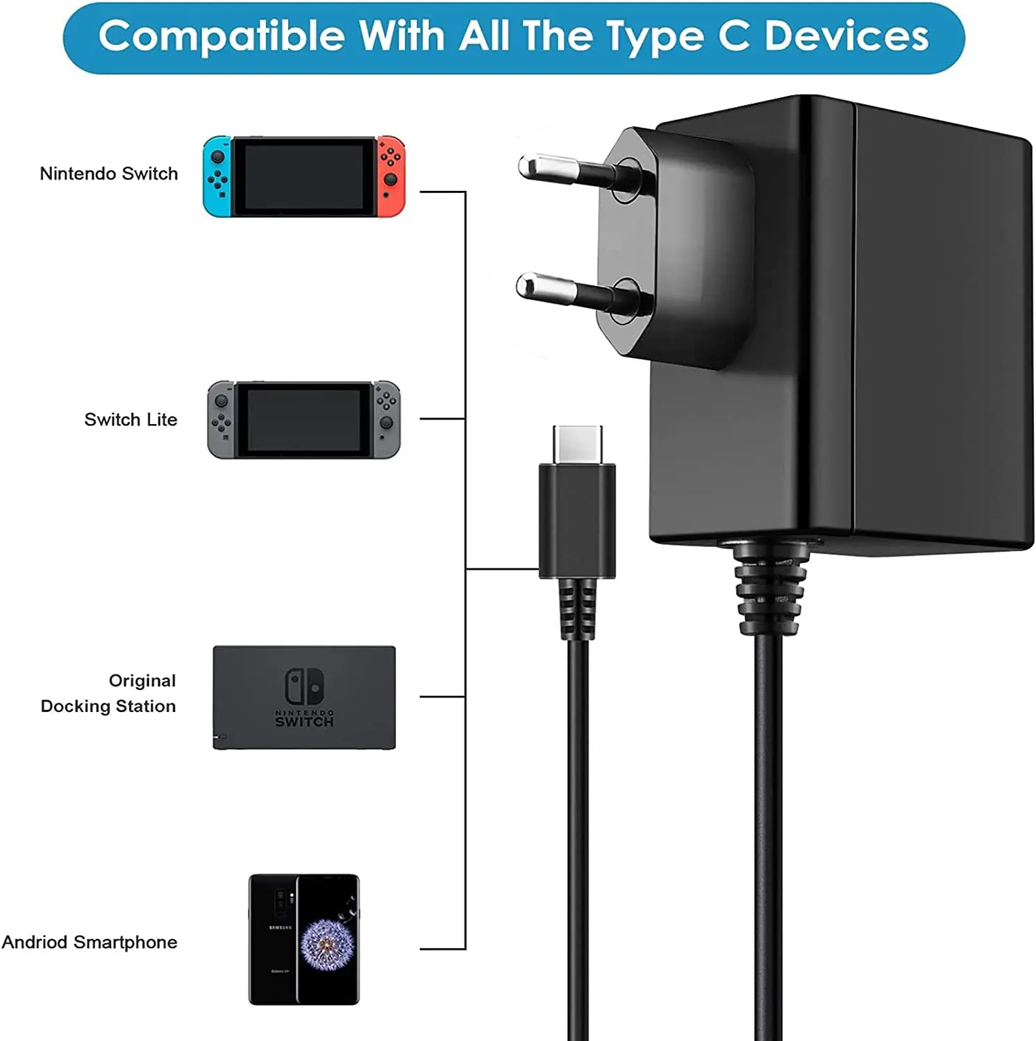 Nintend Switch 5 V 3 A / 15 V 2.6 A 전원 공급 장치 여행용 충전기(1.5m USB 유형 C 충전 케이블 포함) 스위치 라이트용 TV 지원