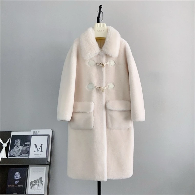 Women Sheep Shearling Baby Collar Horn Button Long Coat Warm Lamb Wool Fall and Winter Jacket PT438