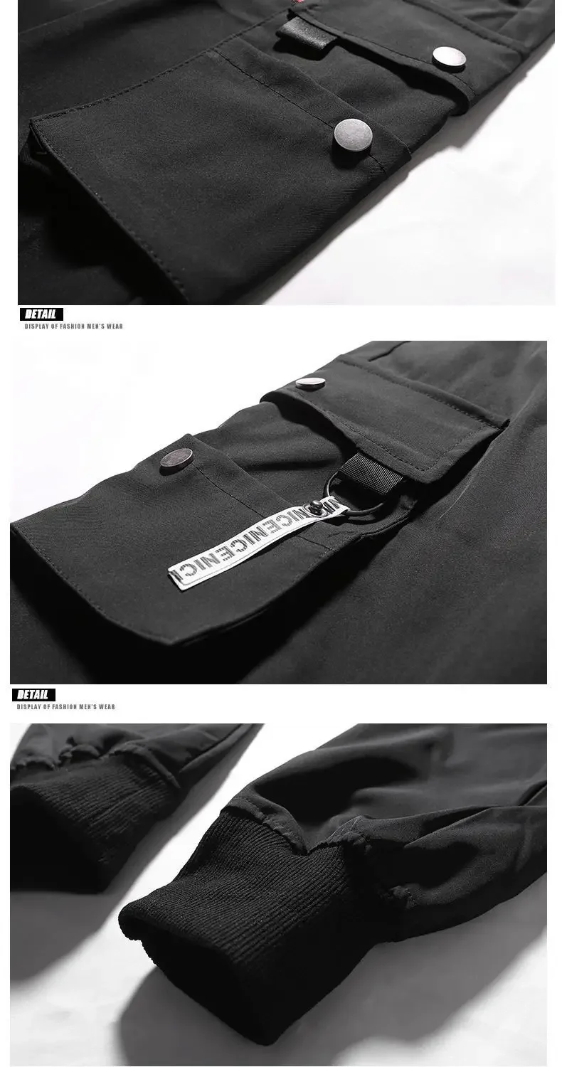 New men's fitness casual pants fashion brand large size men's solid color multi-pocket bunched feet American tracksuit pants