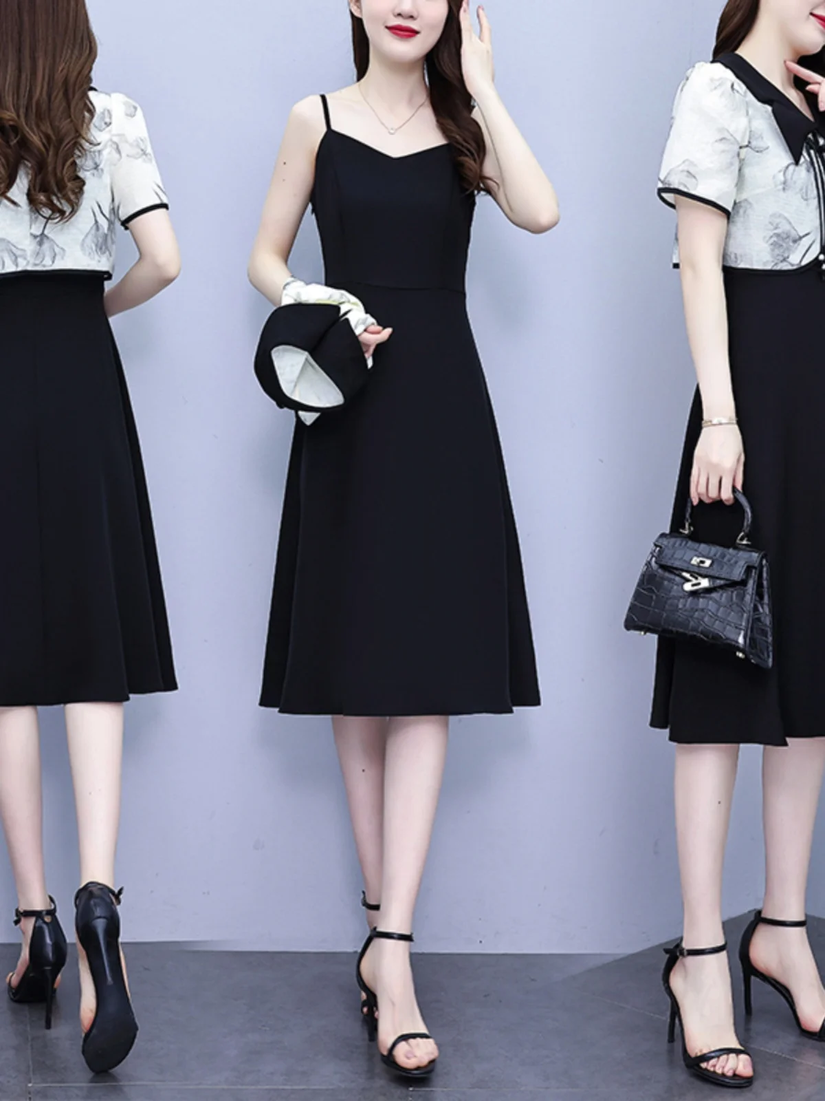 

Новый комплект из двух предметов для женщин больших размеров: элегантный кардиган в китайском стиле и стройнящее платье на бретельках с завышенной талией, А-силуэт, для летних поездок на работу.