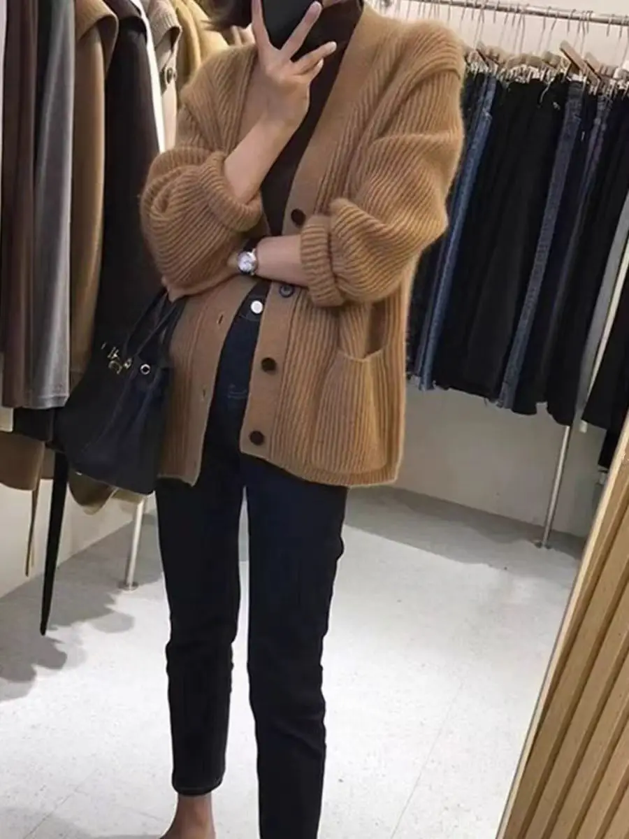 

Женский кардиган на пуговицах из 100% мериносовой шерсти, осень-зима, толстый свободный повседневный модный вязаный кашемировый свитер