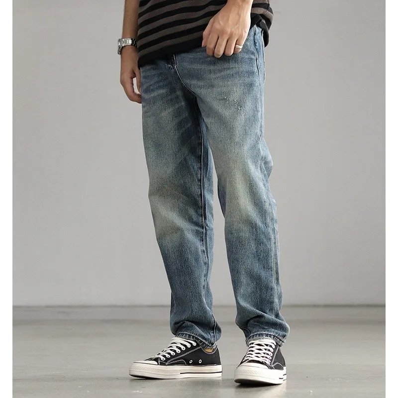 American Style Vintage New Fashion Men Light Blue Loose Straight Simple Basic Daily Floor Length Jeans Pants Male Denim Trousers