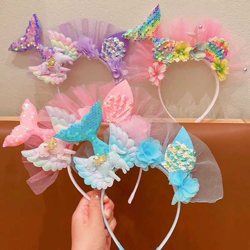 

Mermaid Tail Flower Mesh Headband Unicorn Colorful Mermaid Starfish Shell Hairband Under The Sea Kids Happy Birthday Party Decor