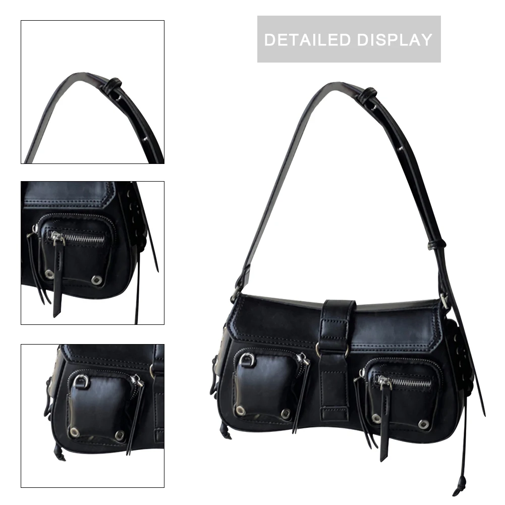 Women Vintage Underarm Bag PU Leather Solid Color Bag Multipocket Y2K Adjustable Strap Female Commute Daily Bag image 4