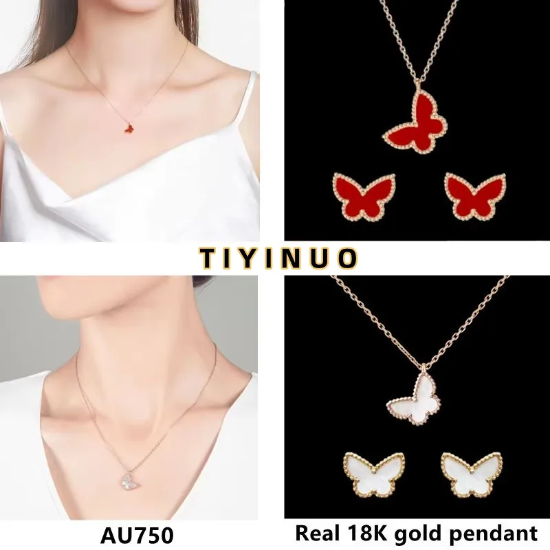 TIYINUO 100% Reale Dell'oro 18K delle Donne Del Pendente Agata Farfalla Collana Accessori Del Partito di Modo Sveglio Originale Gioielli di Lusso Au750