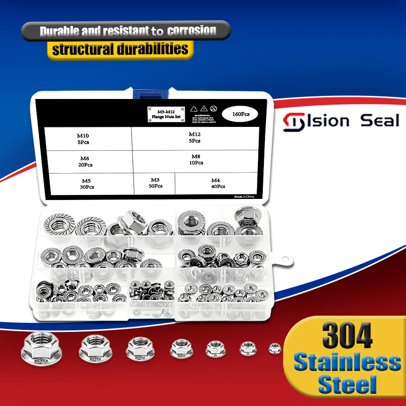160 шт. шестигранные фланцевые гайки M3 M4 M5 M6 M8 M10 M12 Универсальный набор контргайков из нержавеющей стали 304 DIN6923