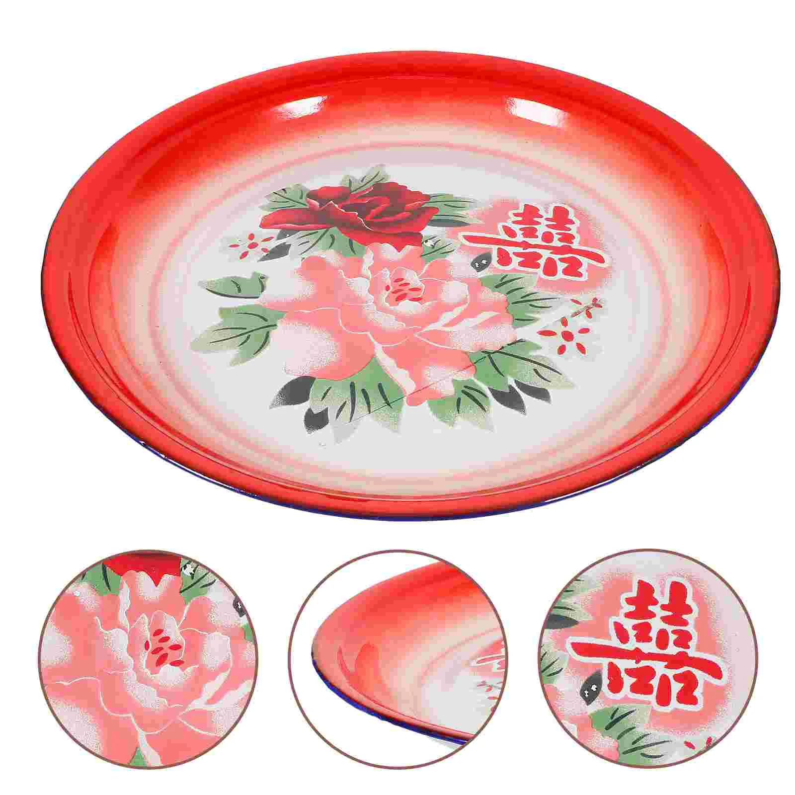 

Vintage Enamel Plate Reusable Thicken Fettuccine Pasta Chinese Style Round Fruits Tray Serving Vegetables Camping for Home