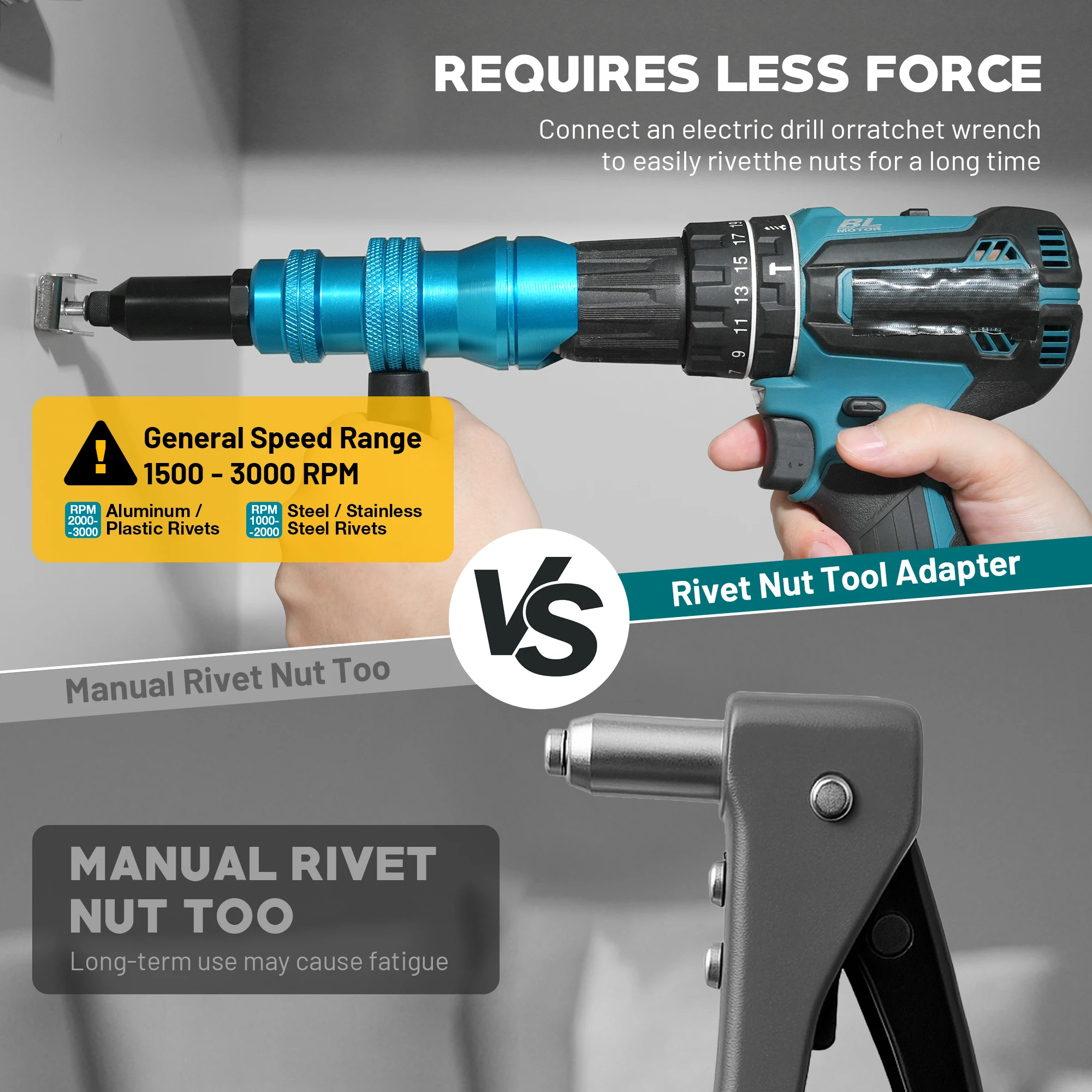 Rivet Gun Adapter for Electric Drill, Rivet Drill Attachment Cordless drill adapter, pop rivets, handle, 3/32" 1/8" 5/32" 3/16", fast riveting for blind rivets, for Automotive - view 6