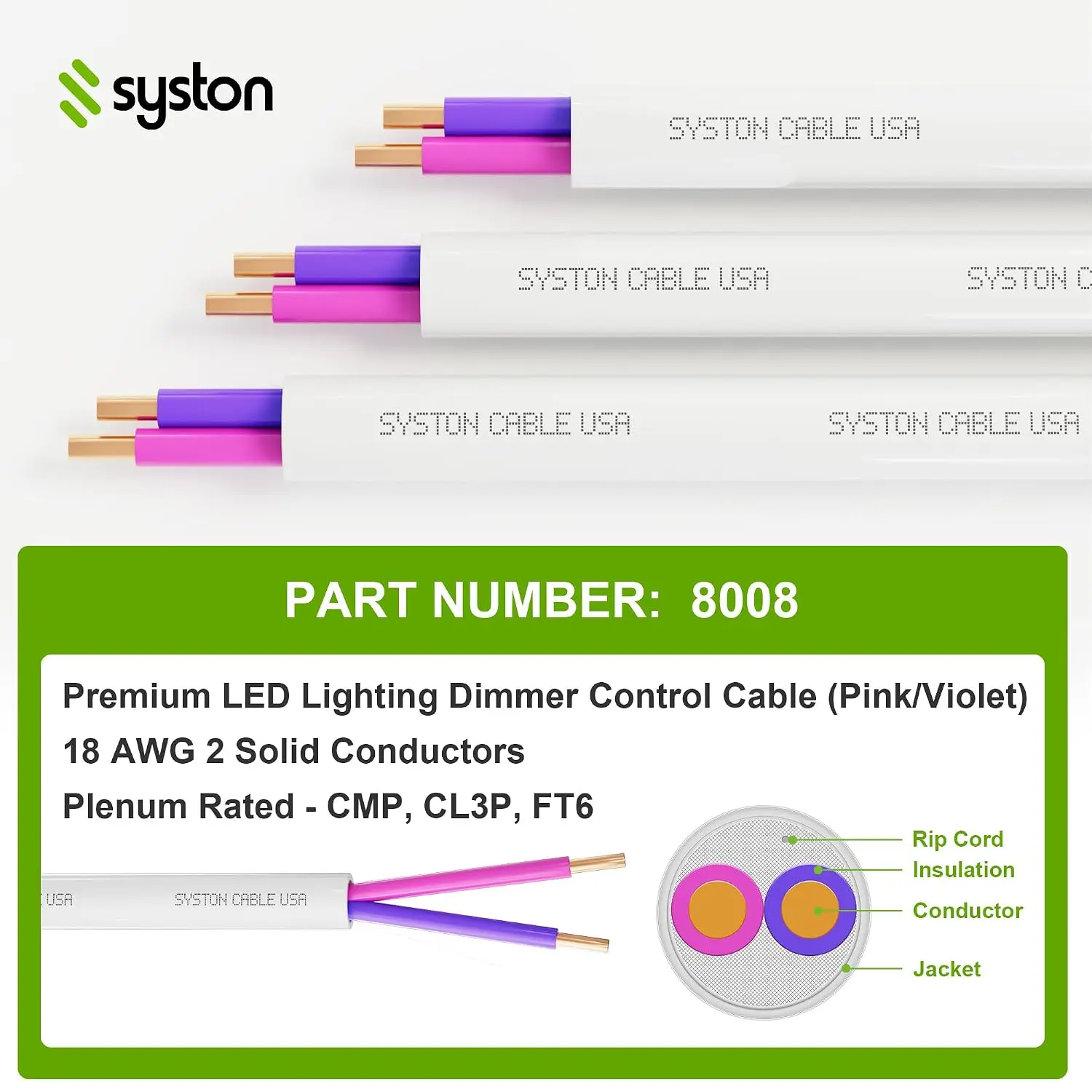Syston 18/2 LED Lighting Dimmer Dimming Luminaire Control Wire Cable, CL3P | 18 AWG 2 Conductors, Solid Bare Copper