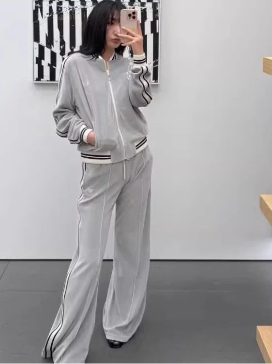 Koreański Zestaw Damski z Aksamitu w Stylu Casual, Modny, Odmładzający, Kurtka Baseballowa, Spodnie z Szerokimi Nogawkami, Dwuczęściowy Garnitur, Nowość na Jesień