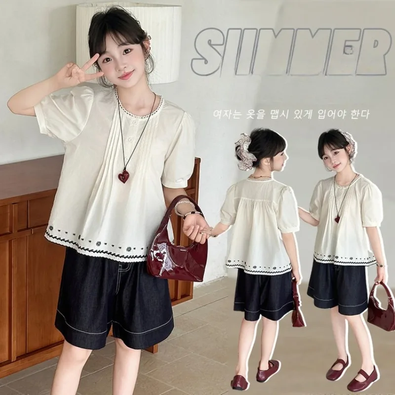 

Girls Summer Short-Sleeve Set Retro Style Summer Fashion Children Toddler Blouse + Shorts Two-Piece Set 2025 New