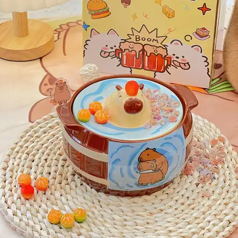 뚜껑이 달린 라멘 그릇, 카툰 세라믹 국수 그릇, 수프 컵, 대용량 아침 시리얼 그릇, 전자 레인지 가능